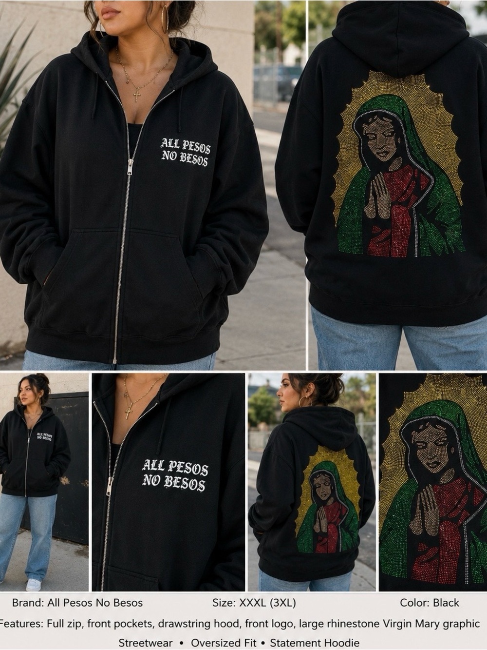 Black Rhinestone Virgin Mary Zip Hoodie